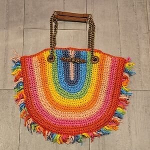 Vibrant Red and Orange Shoulder Bag with Bohemian Tassels